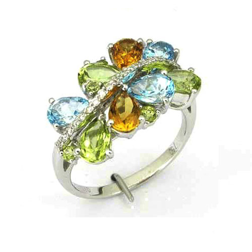 Кольцо с бриллиантами и цветными полудрагоценными камнями